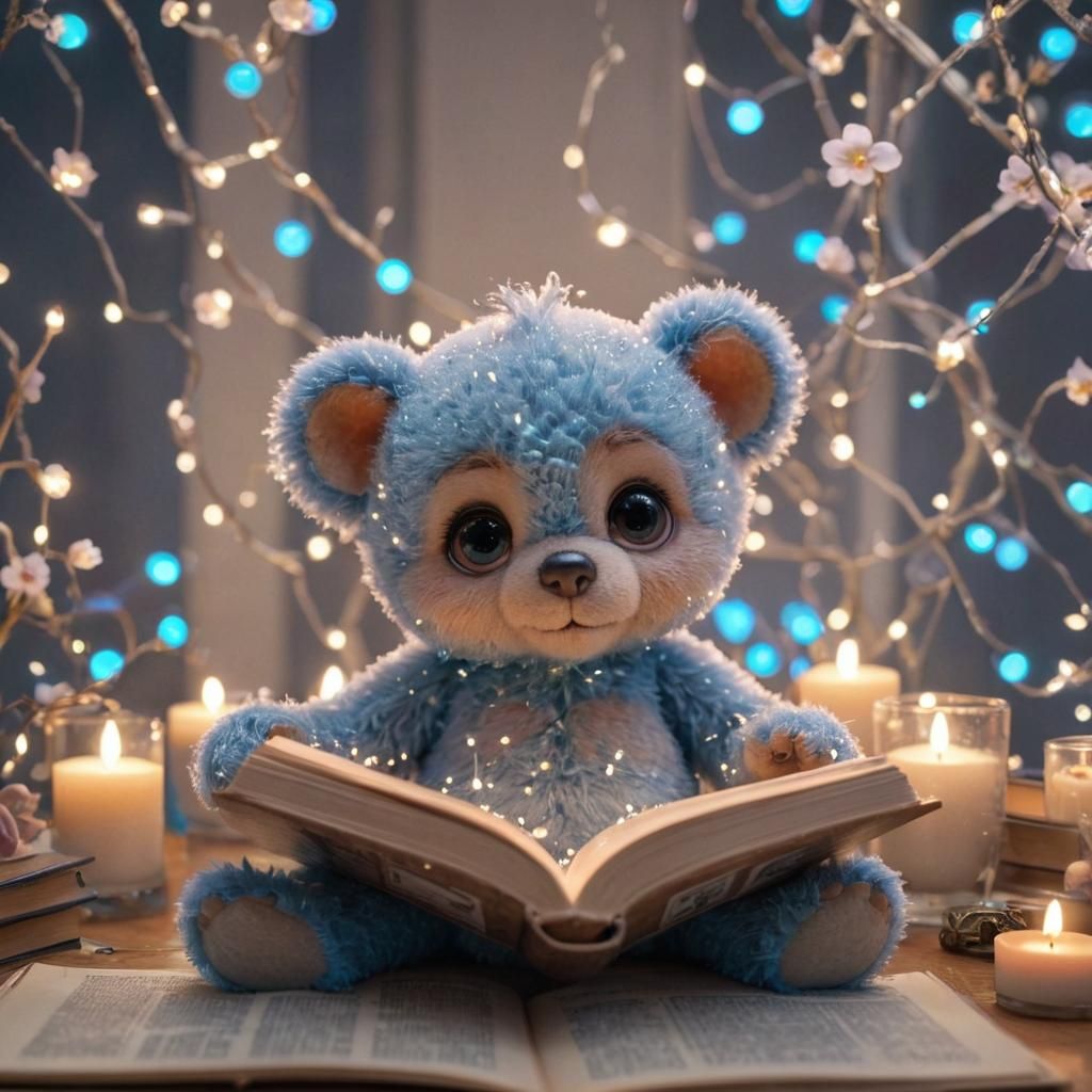 Adorable Transparent Teddy Bear Reading, Pixar Style