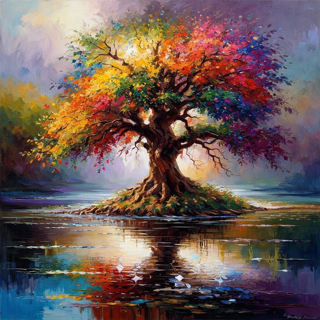 Colorful Tree of Life Impressionist Watercolor