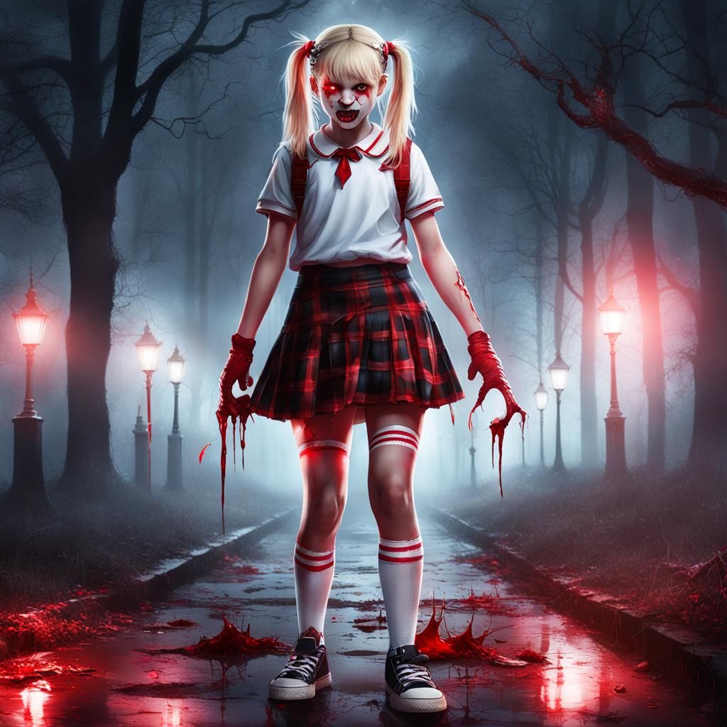 Vampire Teenager Attacks in Dark Park: Hyperrealistic Digita...