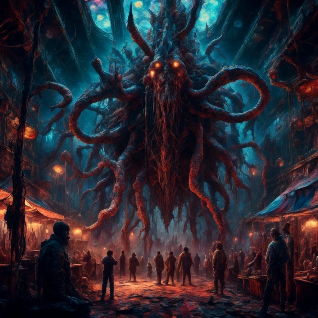 Monstrous Abomination in Circus Tent: Dark Fantasy Art