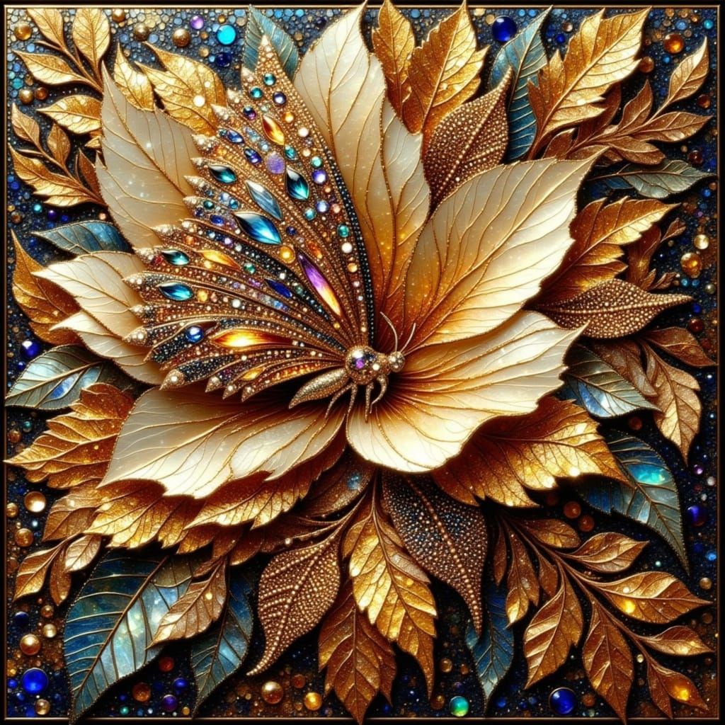 Bejeweled Butterfly on Golden Flower with Glitter Embroidery