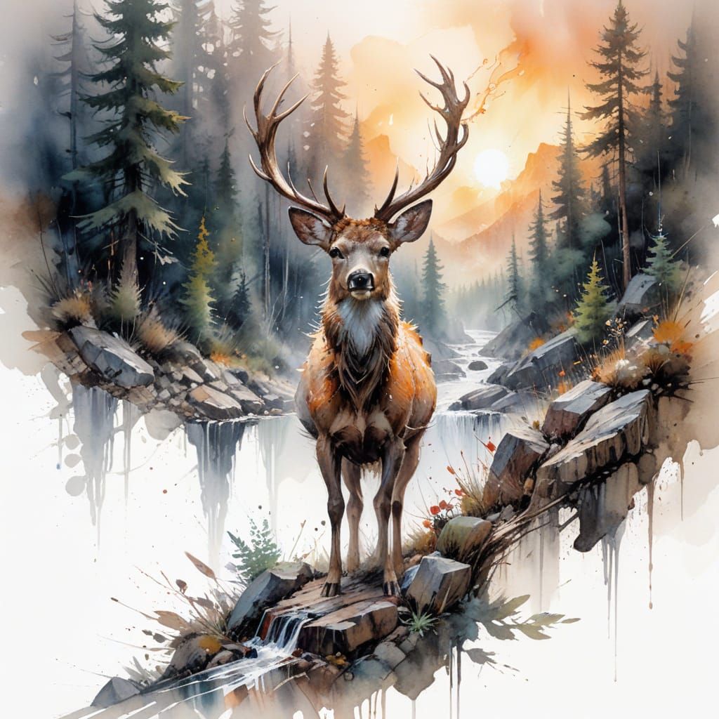Deer in Mountain Forest at Sunset Watercolor