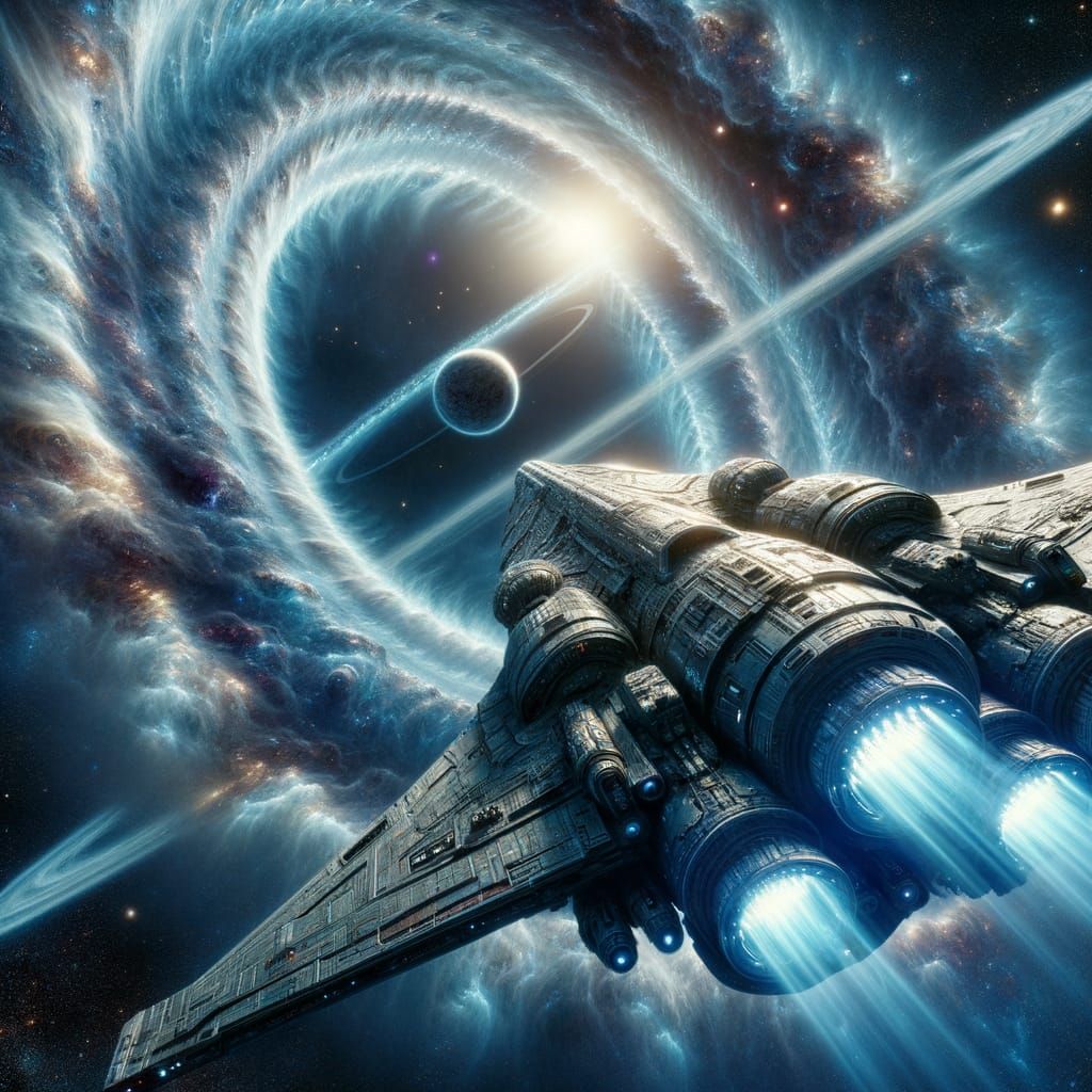 Futuristic Battleship Soaring Towards Energy Portal