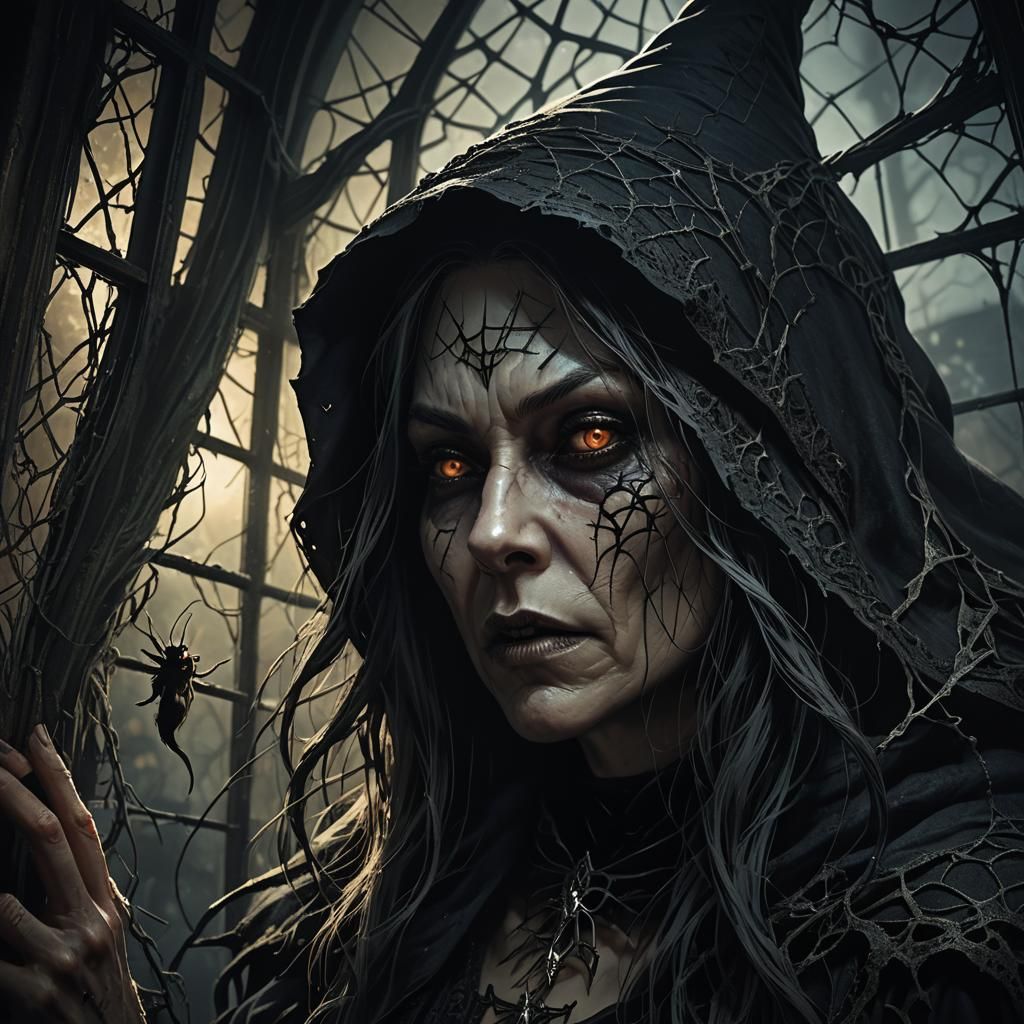 Creepy Witch in Dark Fantasy Mansion