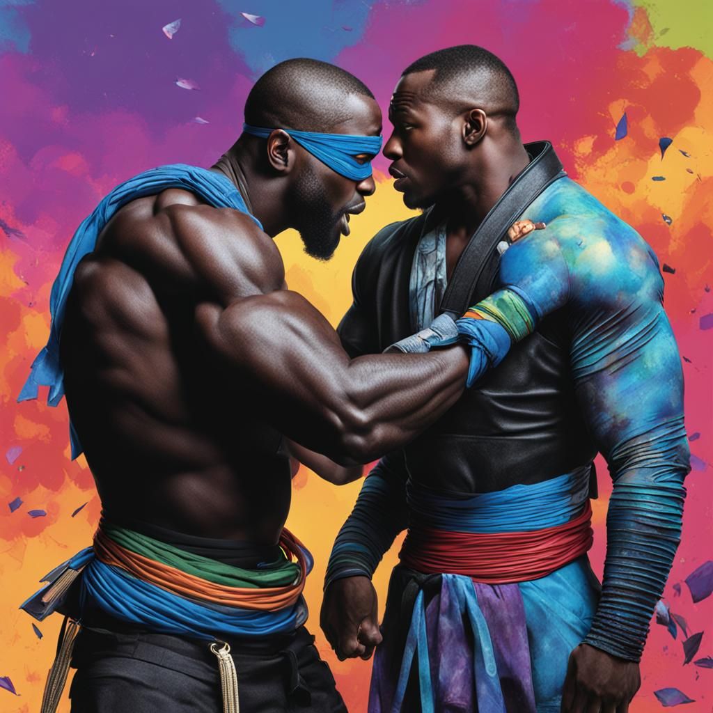 Two Muscular Men Embrace: Ninja and Black Man
