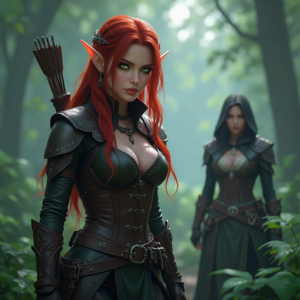 Elf Scout and Sorceress Tracking Monster in Forest