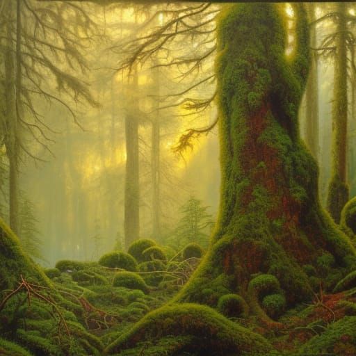Mossy Evergreen Forest with Golden Light, Oil Painting