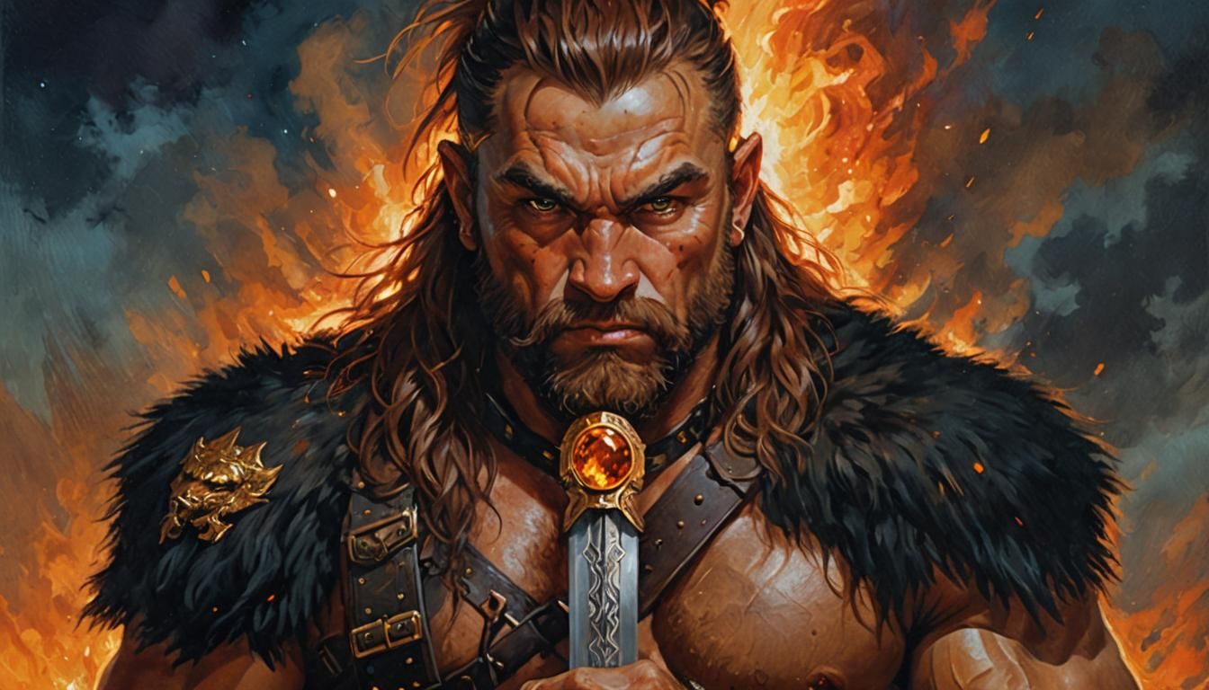 Dwarf Warrior Portrait with Fiery Night Sky