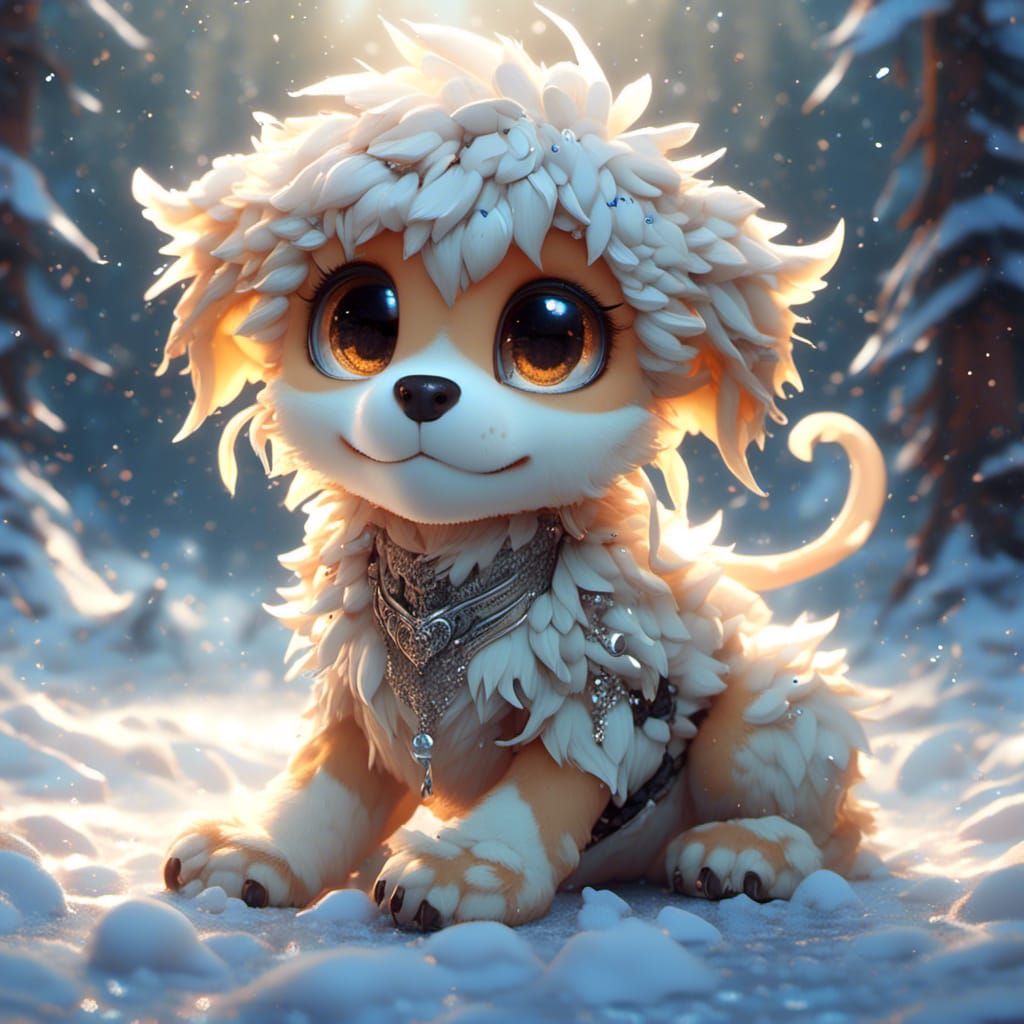 Chibi Puppy Portrait in Snowy Anime Style