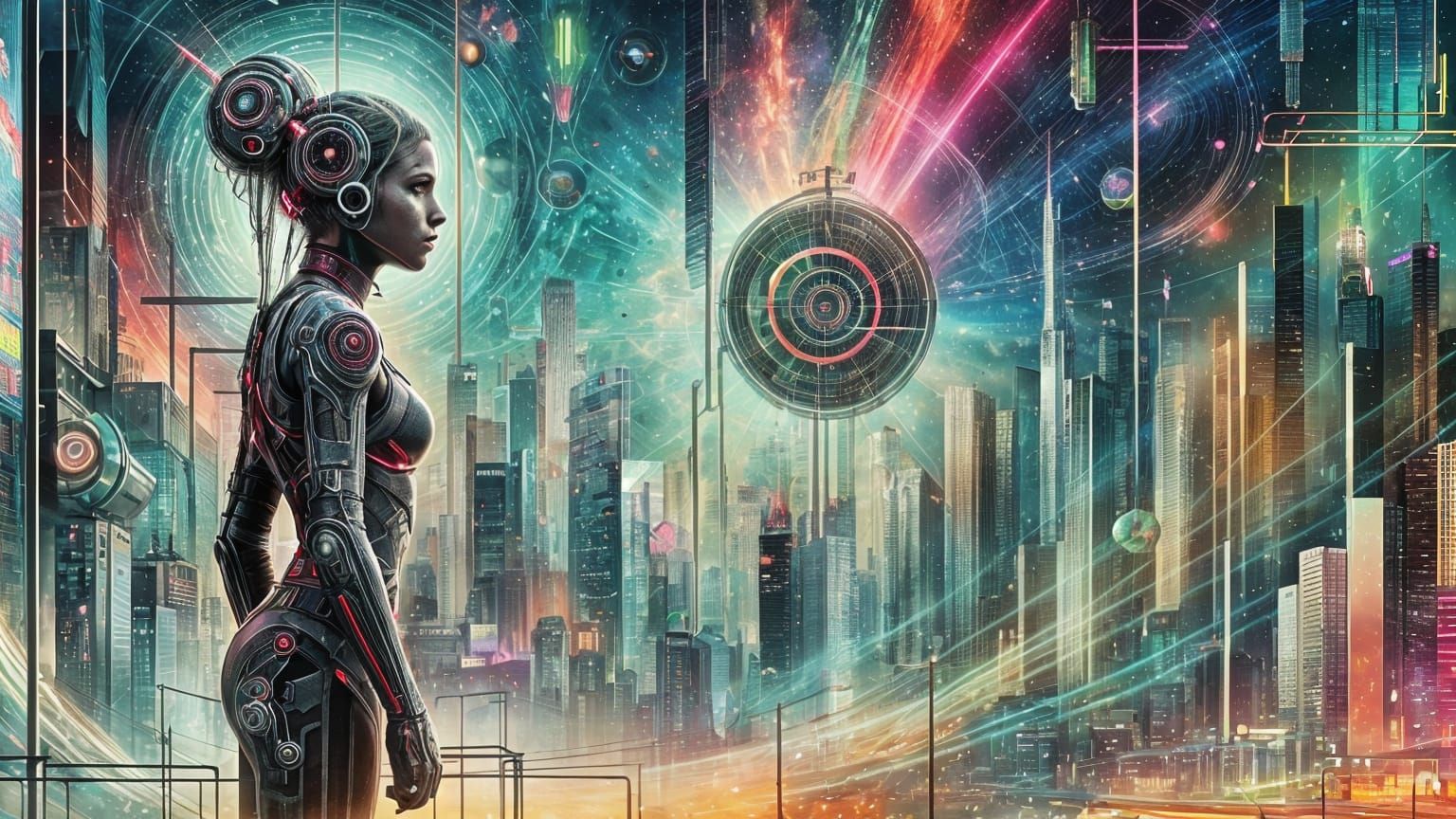 Utopian Cityscape with Woman in Futuristic Attire