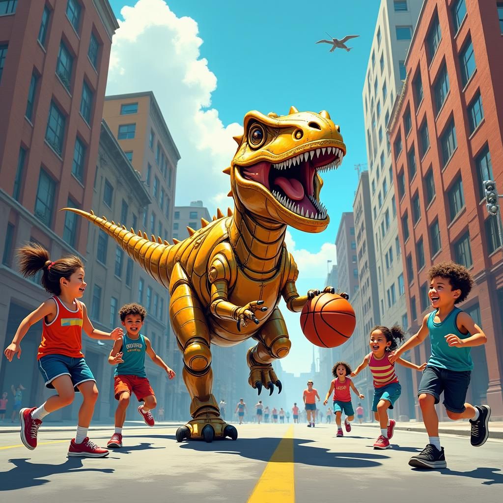 Cyborg Dinosaur Plays Basketball in the City