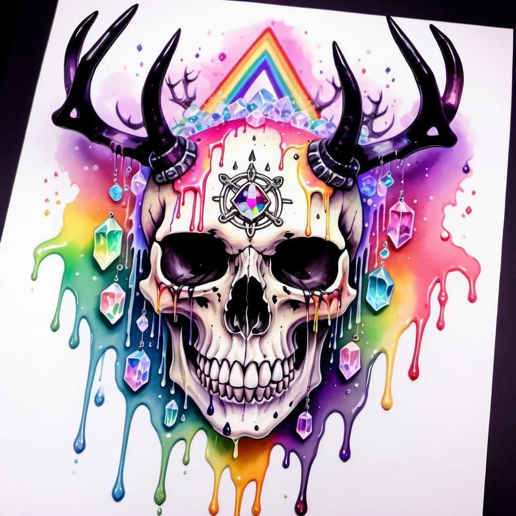 Pastel Goth Skull with Rainbow Drips and Runes