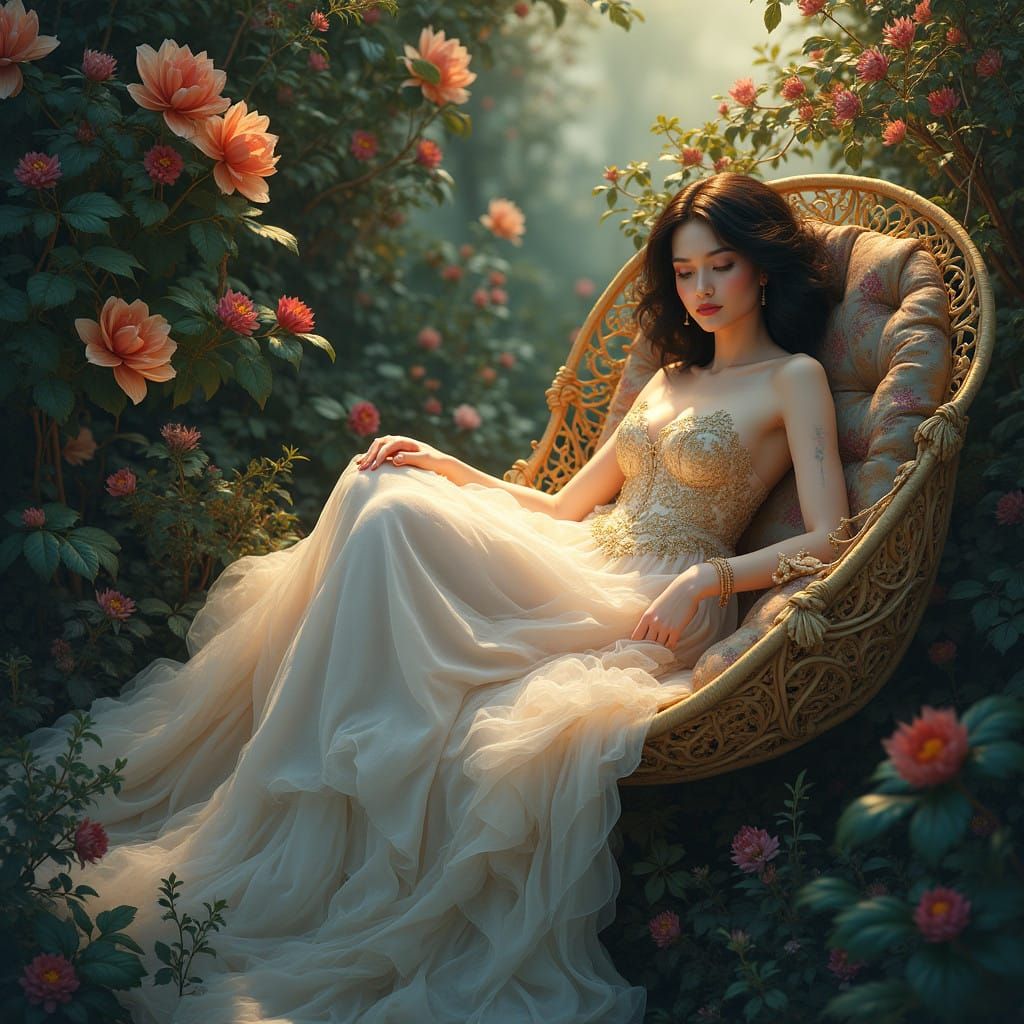 Elegant Woman in Whimsical Brouette Scene, in Matte Painting...