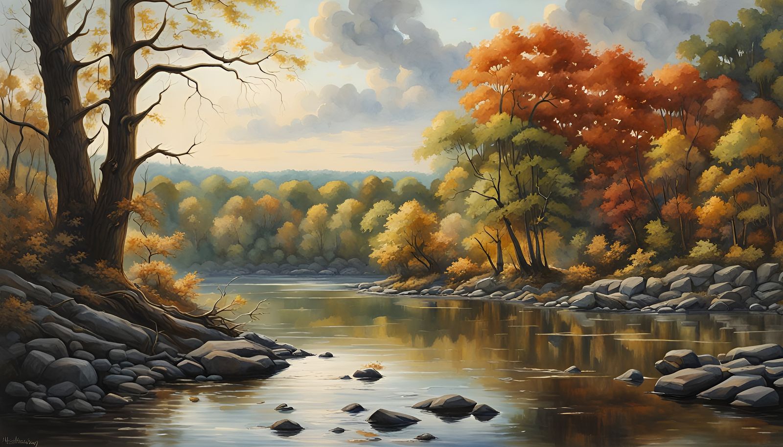 Lush River Landscape in Hudson River School Style