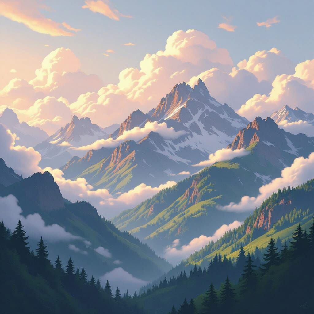 Dreamy Mountain Landscape with Lush Forests