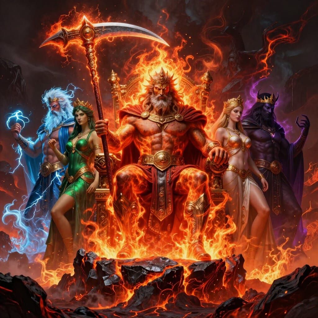 Magma Cronus and Olympian Gods in Volcanic Wasteland