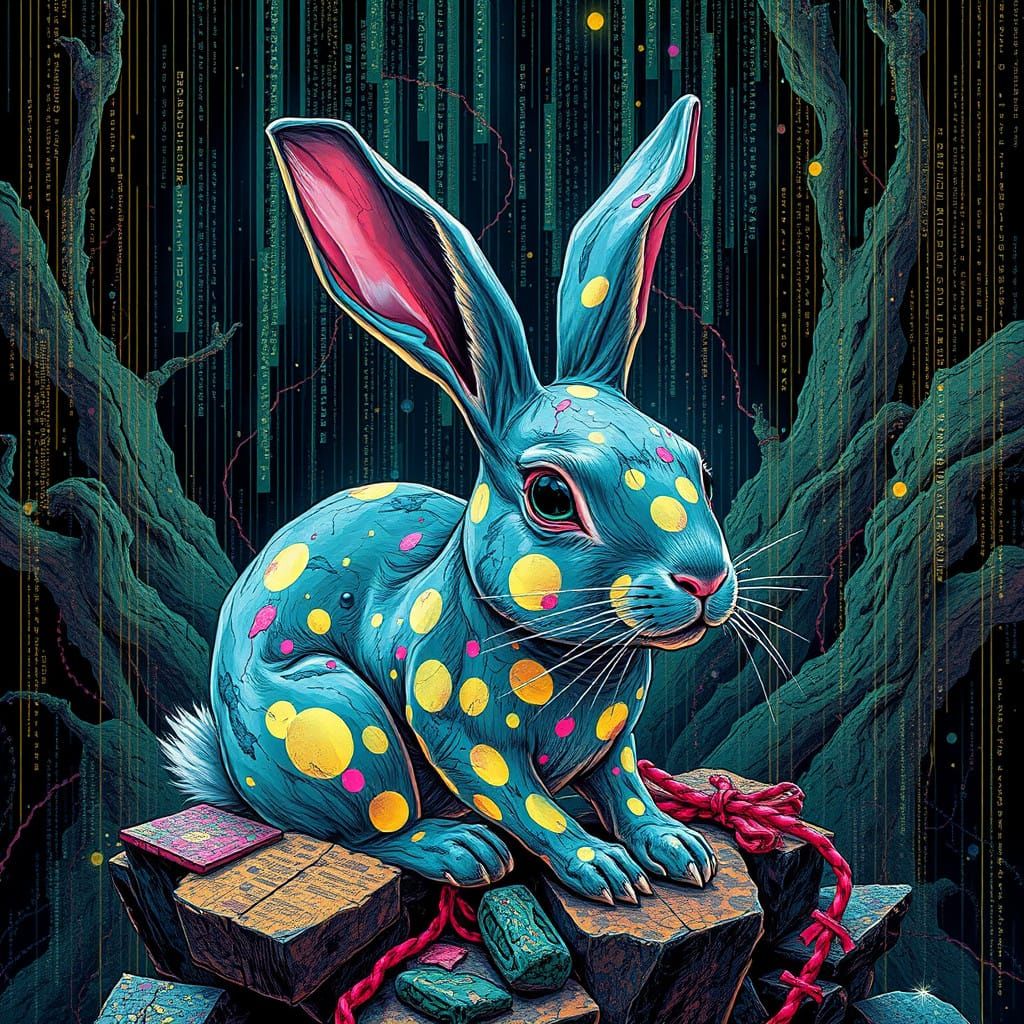 Vibrant Baroque Pop Art Rabbit in Cyberpunk Matrix