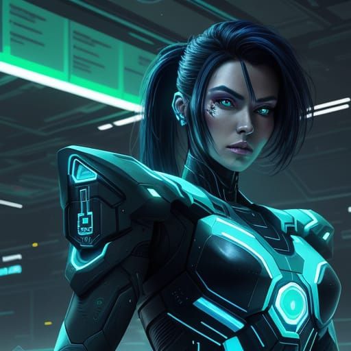Futuristic Warrior Woman Logs Into Terminal