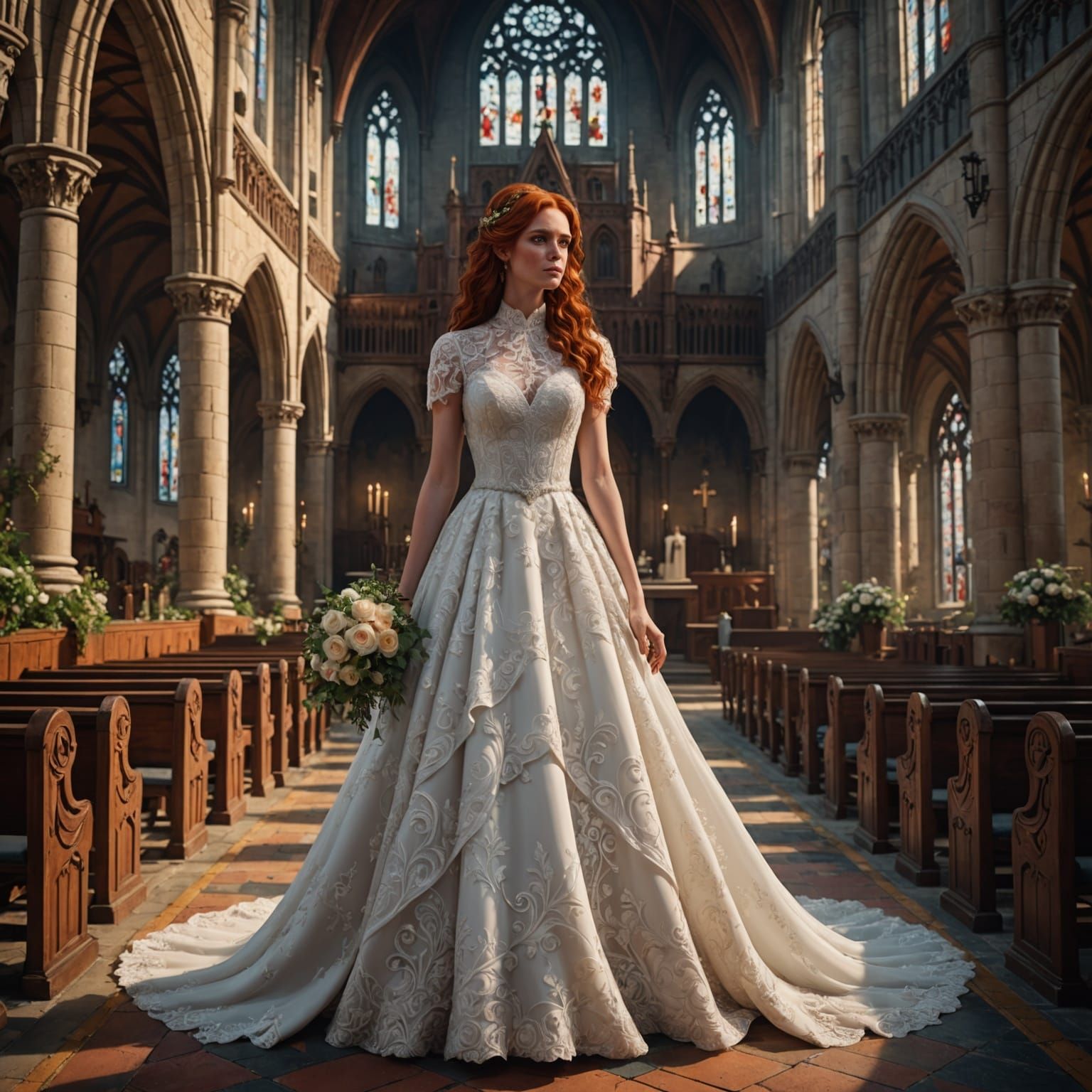 Red-Haired Bride in Empty Church: Matte Painting