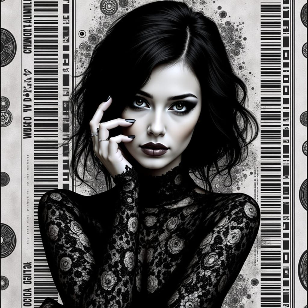 Fiery Techno-Surreal Portrait with Barcode Tattoos