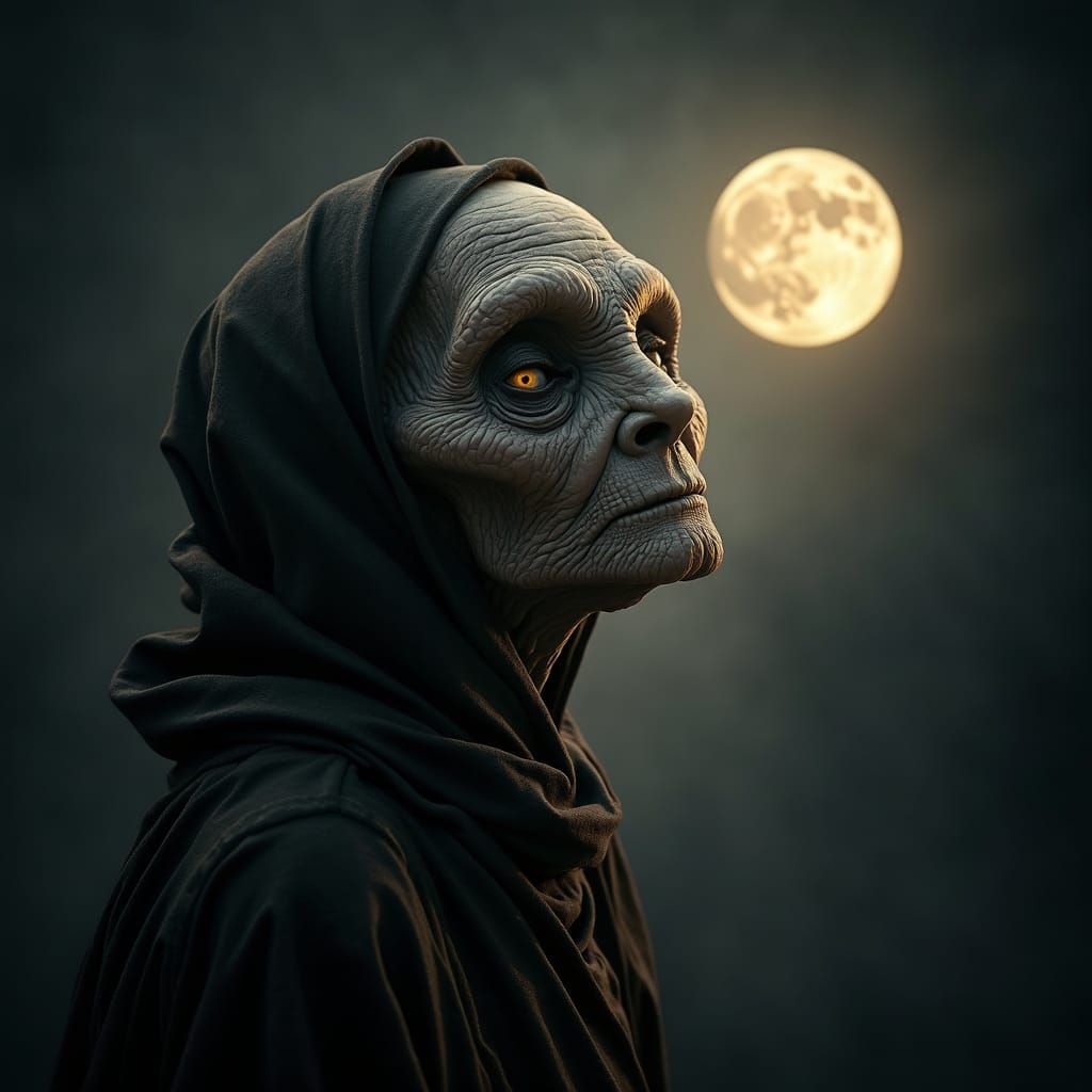 Elderly Alien Woman with Twin Moons