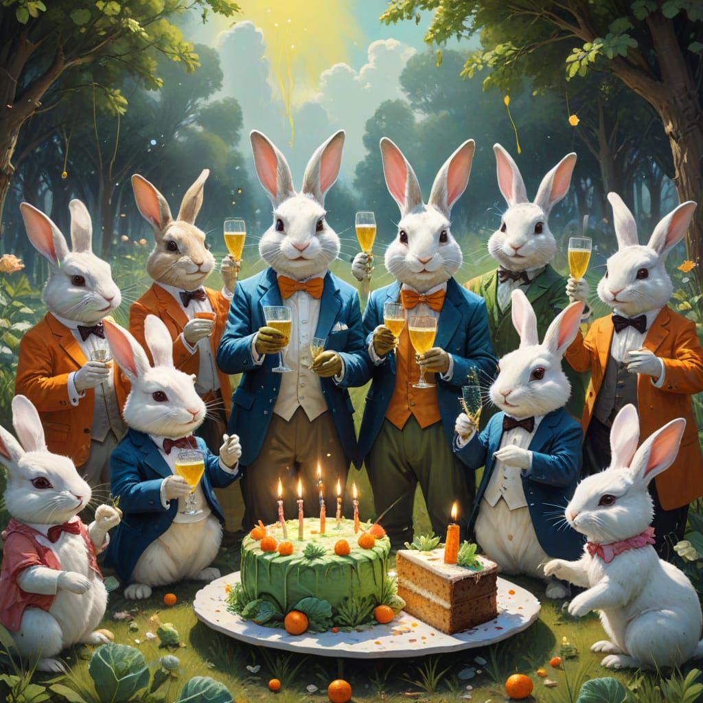 Rabbits Celebrate Birthday in Meadow as Splash Art