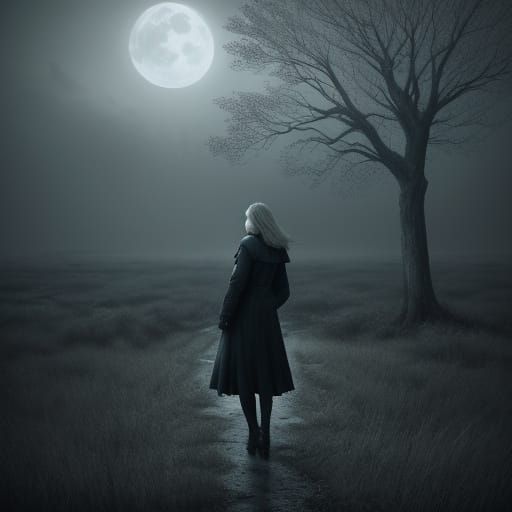Ethereal Woman in Moonlit Solitude