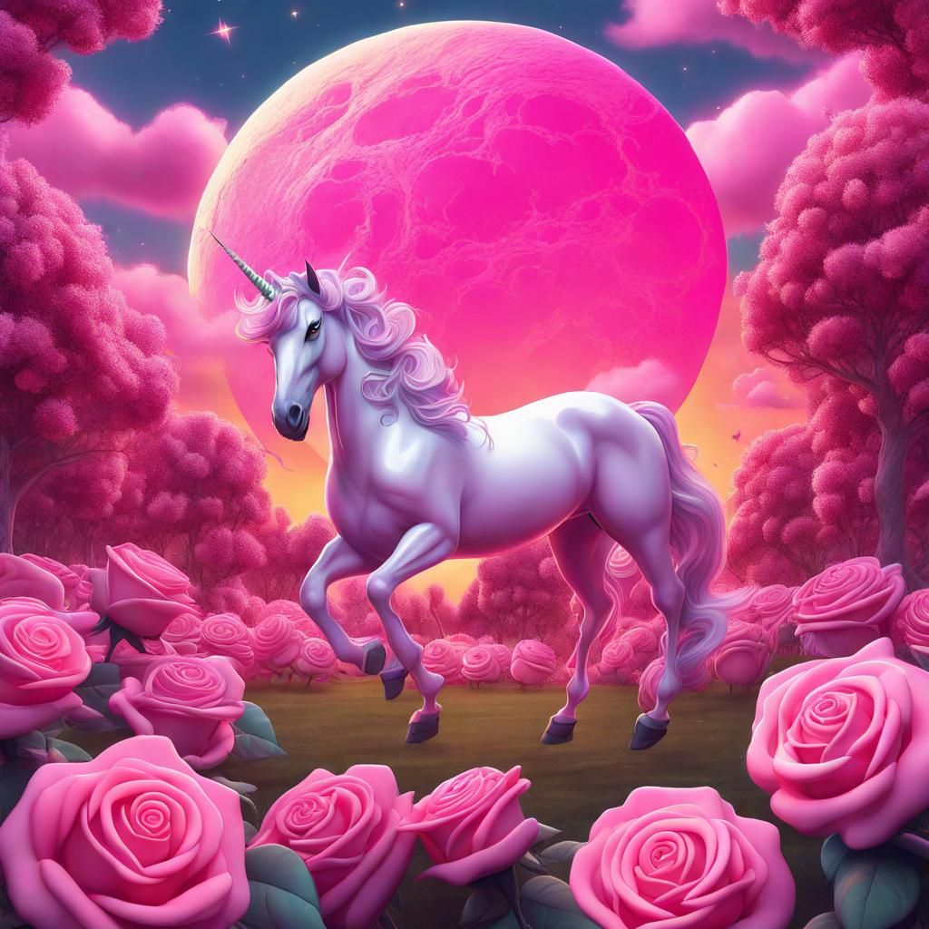 Pink Roses and Unicorn in Candy Art Style