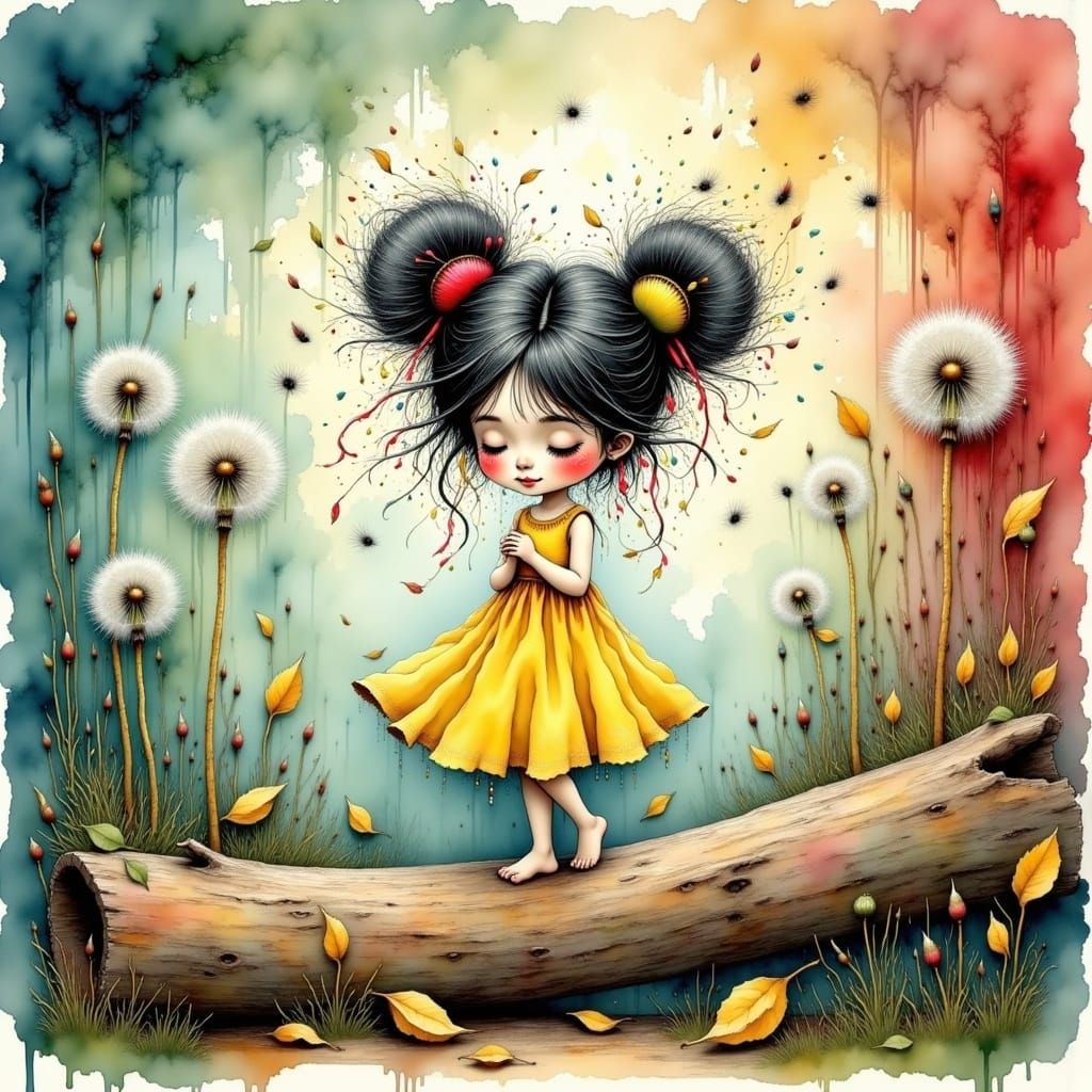Whimsical Chibi Girl in Dazzling Dandelion Wonderland