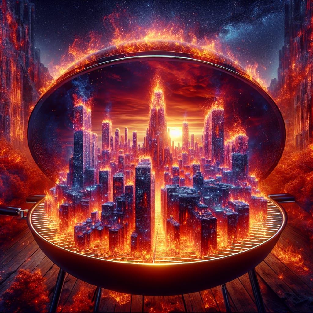 Fiery Ember Cityscape Rising from BBQ Grill