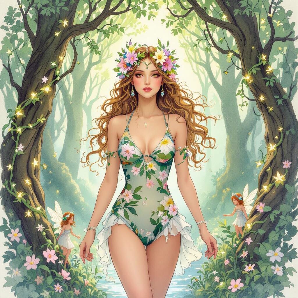 Forest Goddess with Flower Crown in Art Nouveau Style