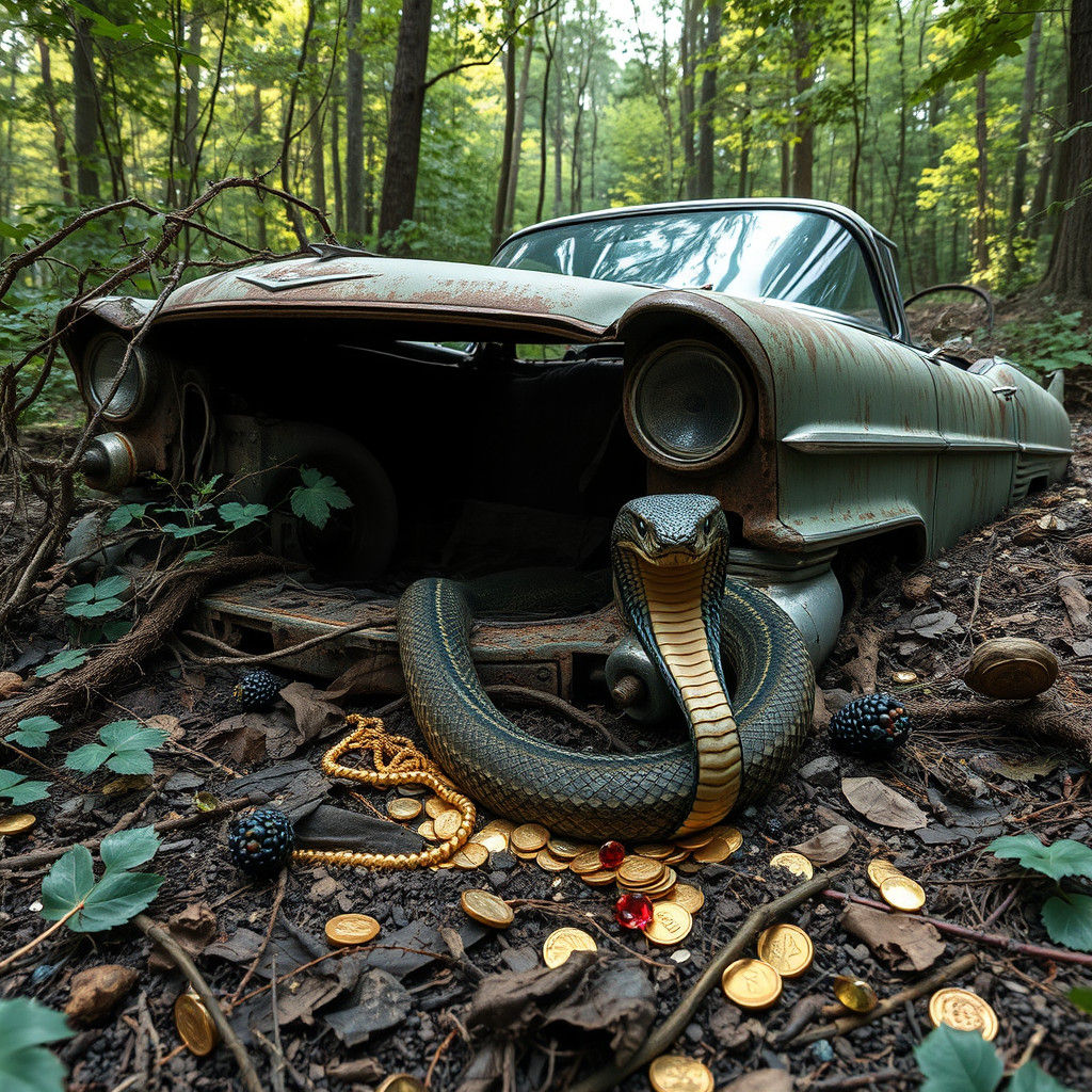 Decaying Cadillac Swallowed by Forest with Cobra Guarding Tr...
