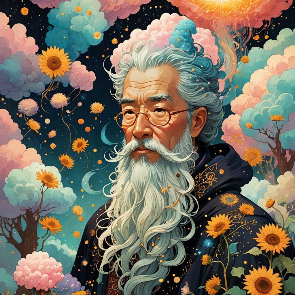 Wizard with Cotton Candy Beard, Fantasy Illustration