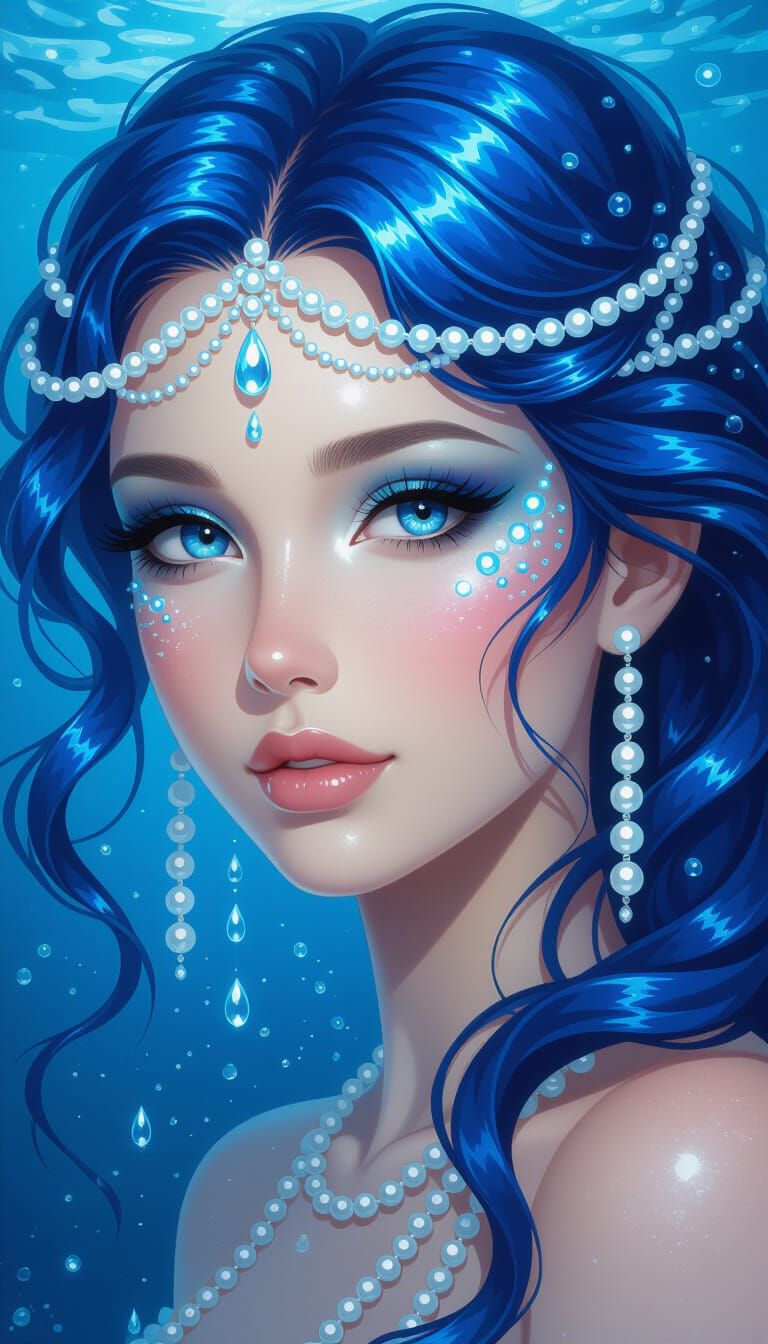 Sea Goddess with Flowing Ocean-Blue Hair