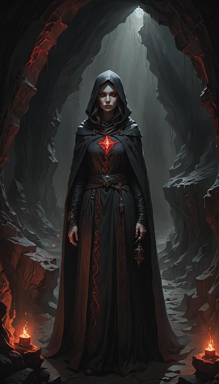 Mysterious Woman in Shadowy Cavern