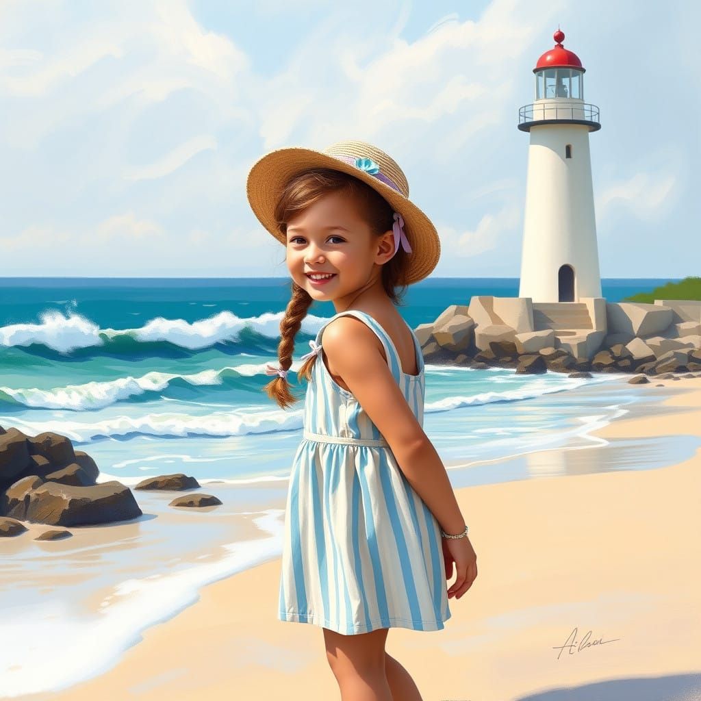 Joyful Girl Stands on Beach with Lighthouse in the Distance