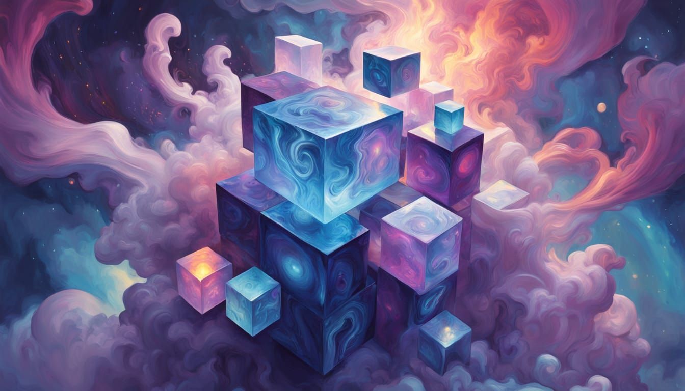 A stack of iridescent cubes floating in a nebula