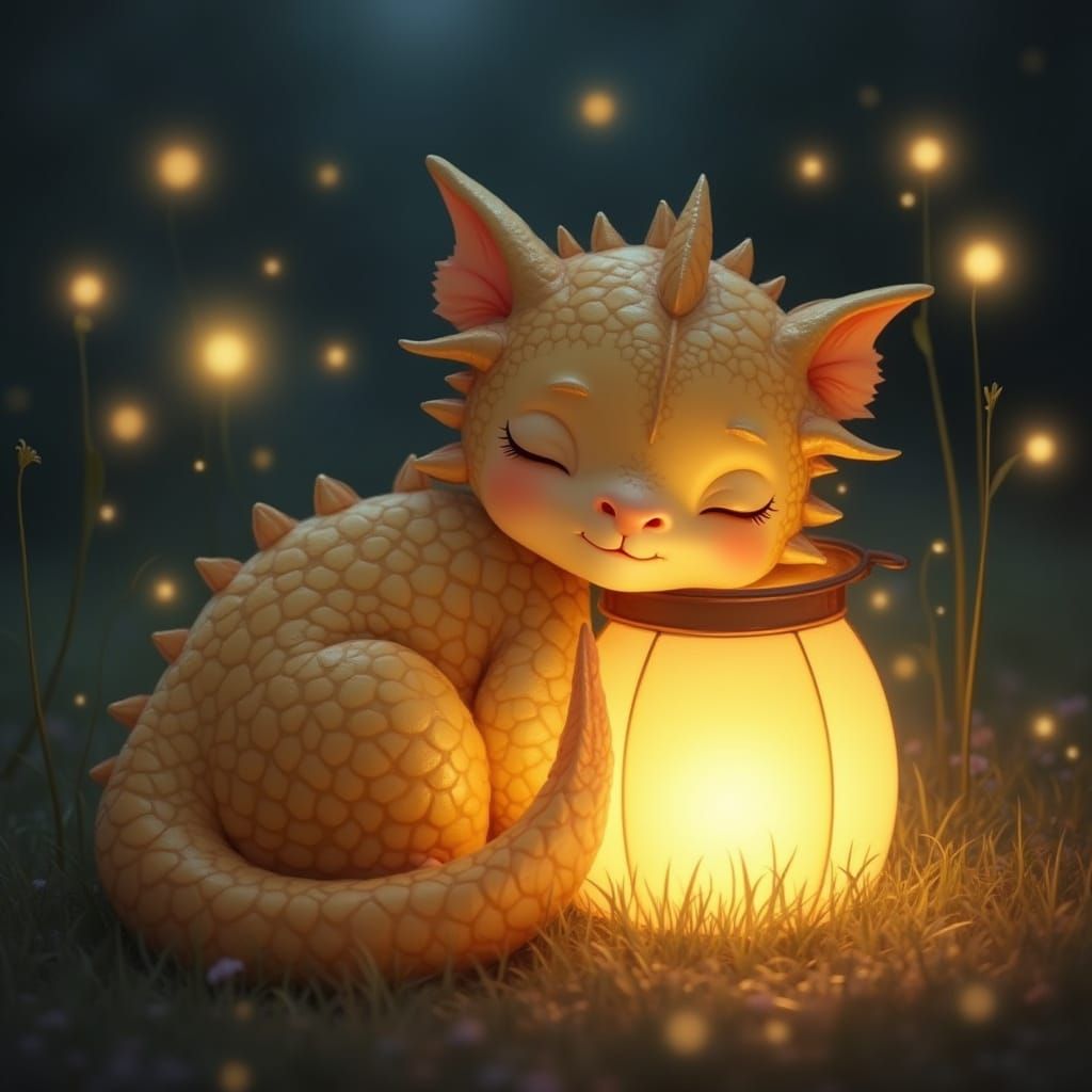 Serenely Glowing Lantern Encloses a Sleeping Chibi Dragon