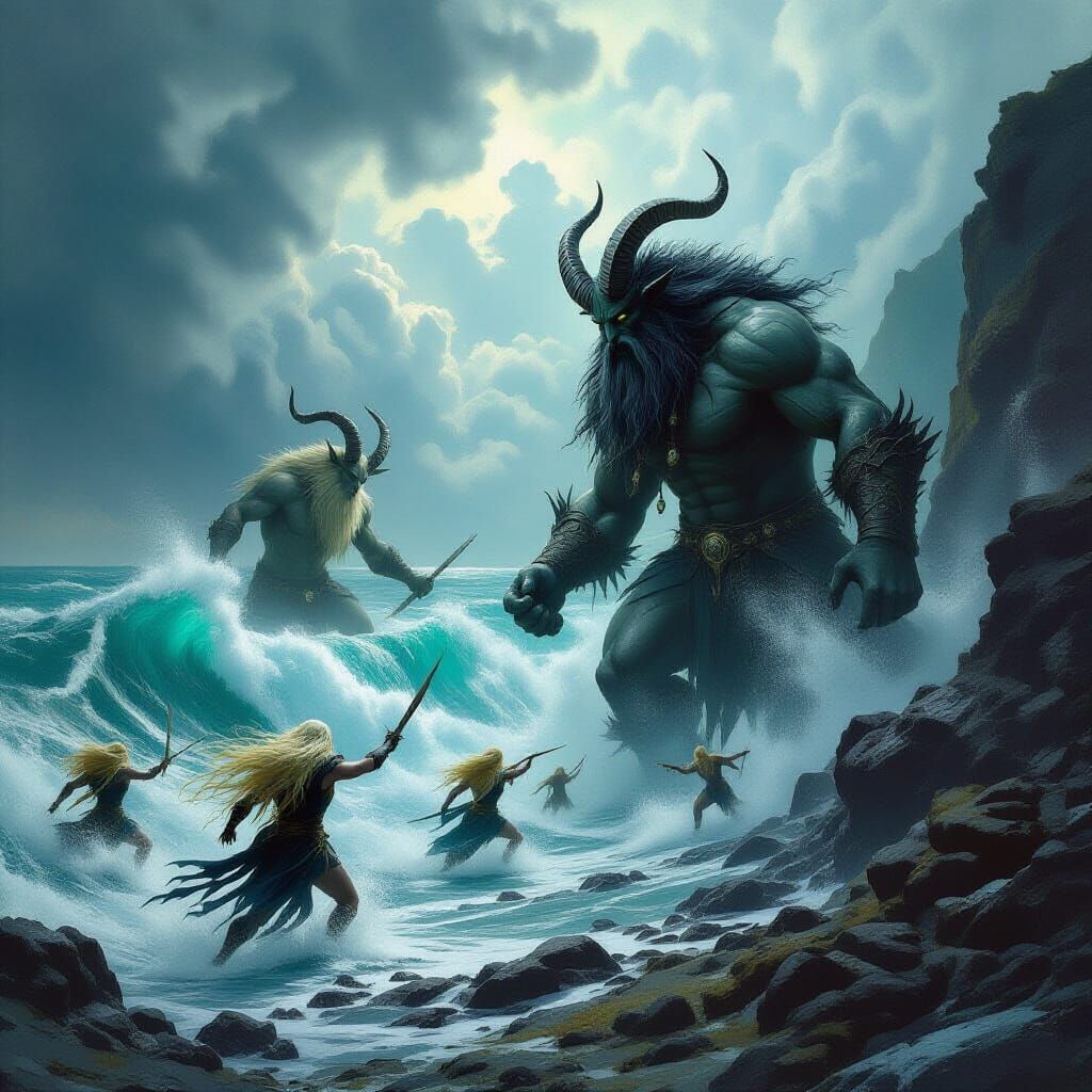 Epic Clash: Formorians Emerge in Celtic Art Style