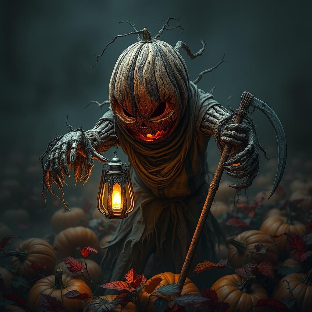 Eerie Scarecrow with Lantern in Pumpkin Patch