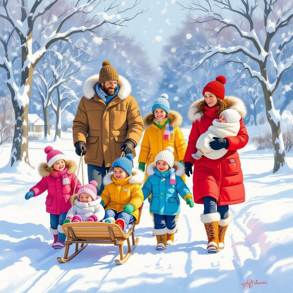 Whimsical Winter Family Scene in Nostalgic Style