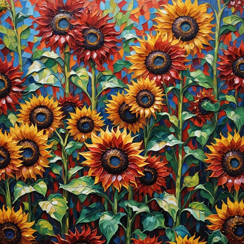 Red Glass Sunflowers in Expressionist Style