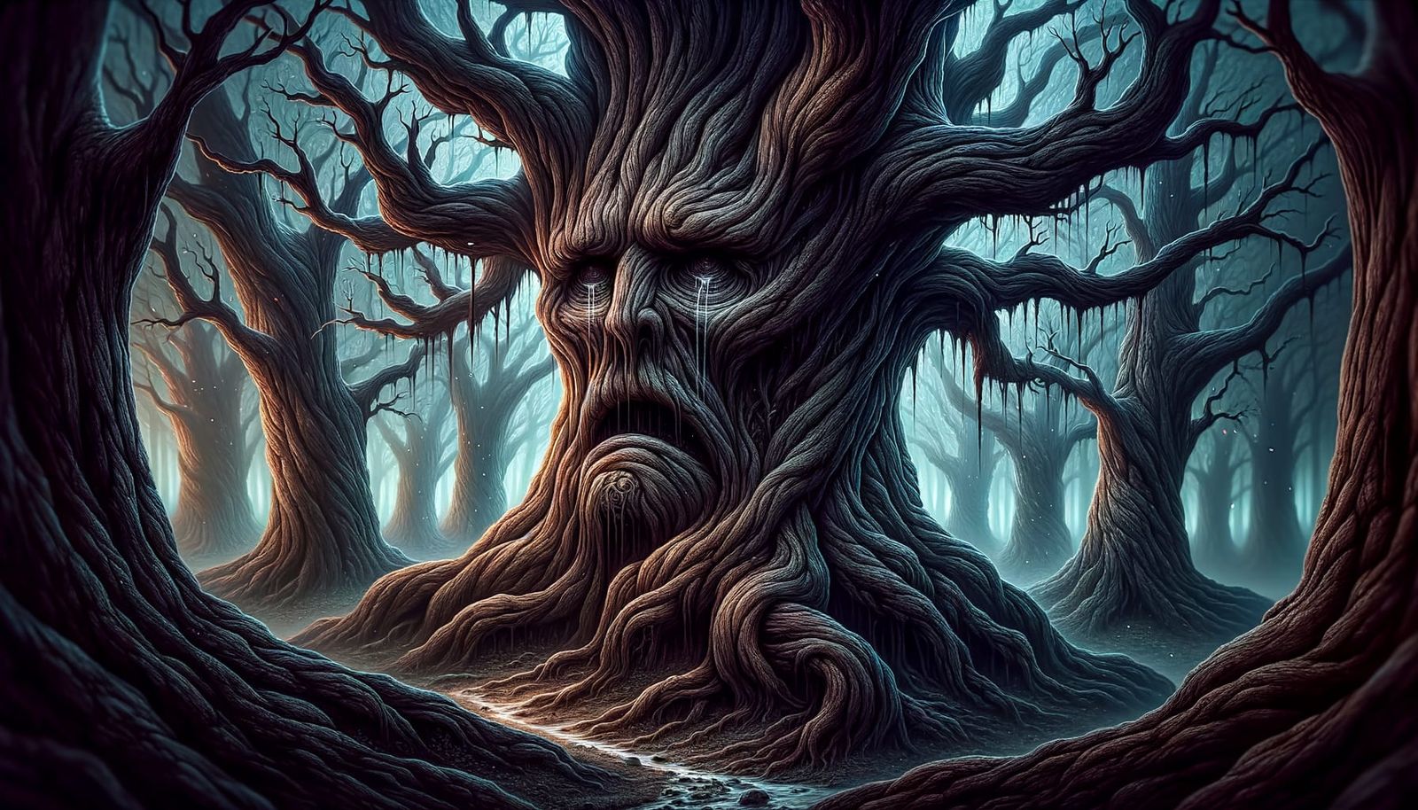 Gnarled Tree with Face in Eerie Forest