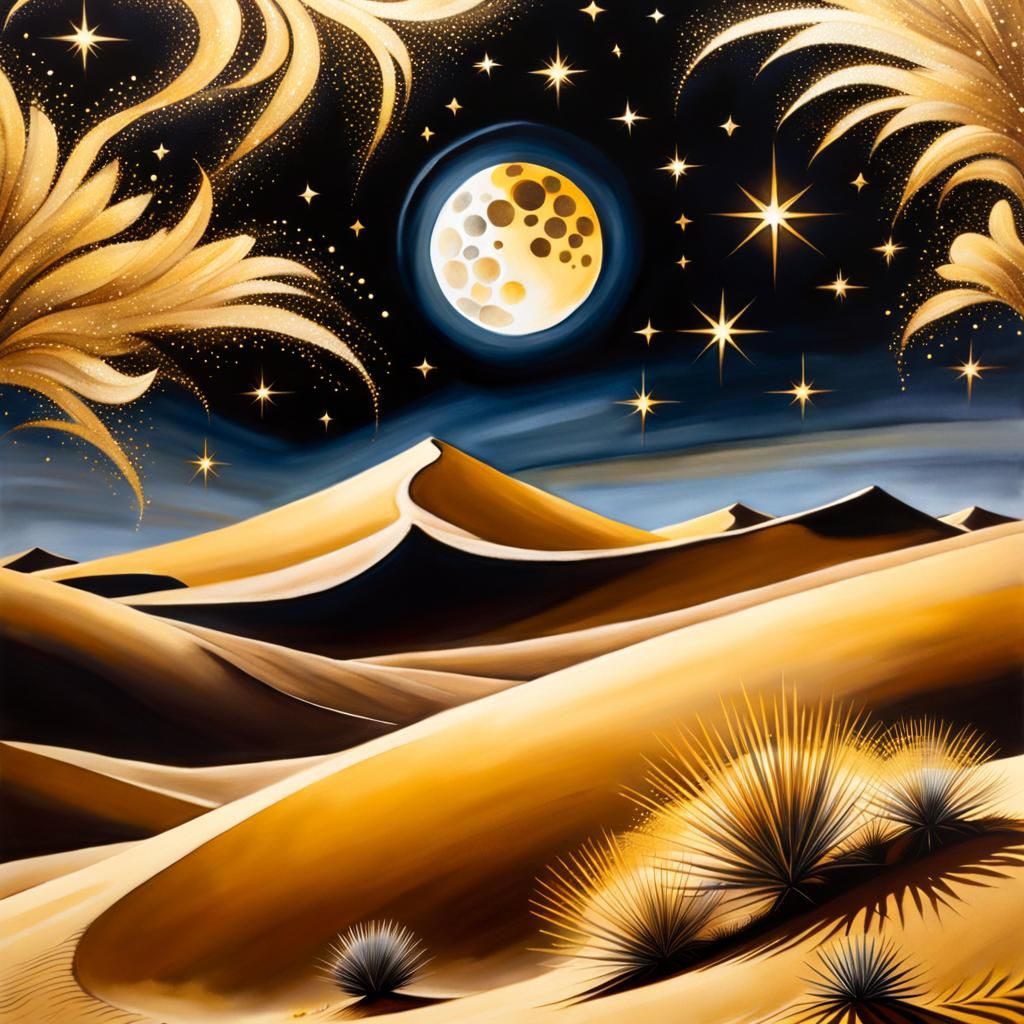 Moonlit Desert Painting with Gold Sparkles