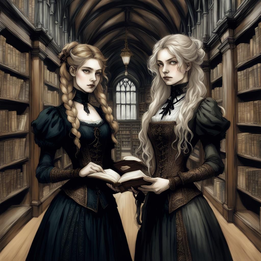 Victorian goth sisters in library