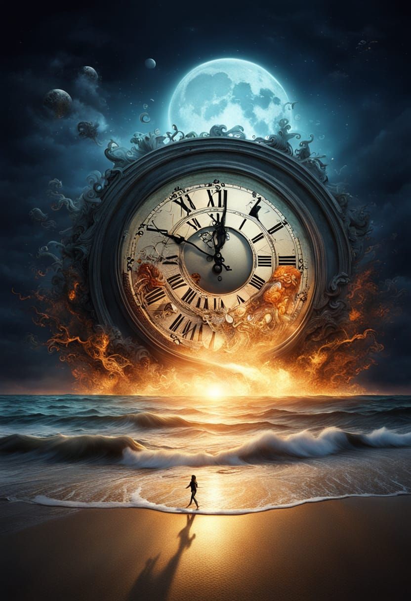 Surreal Beach Sunset with Collapsing Clock in Fluid Art