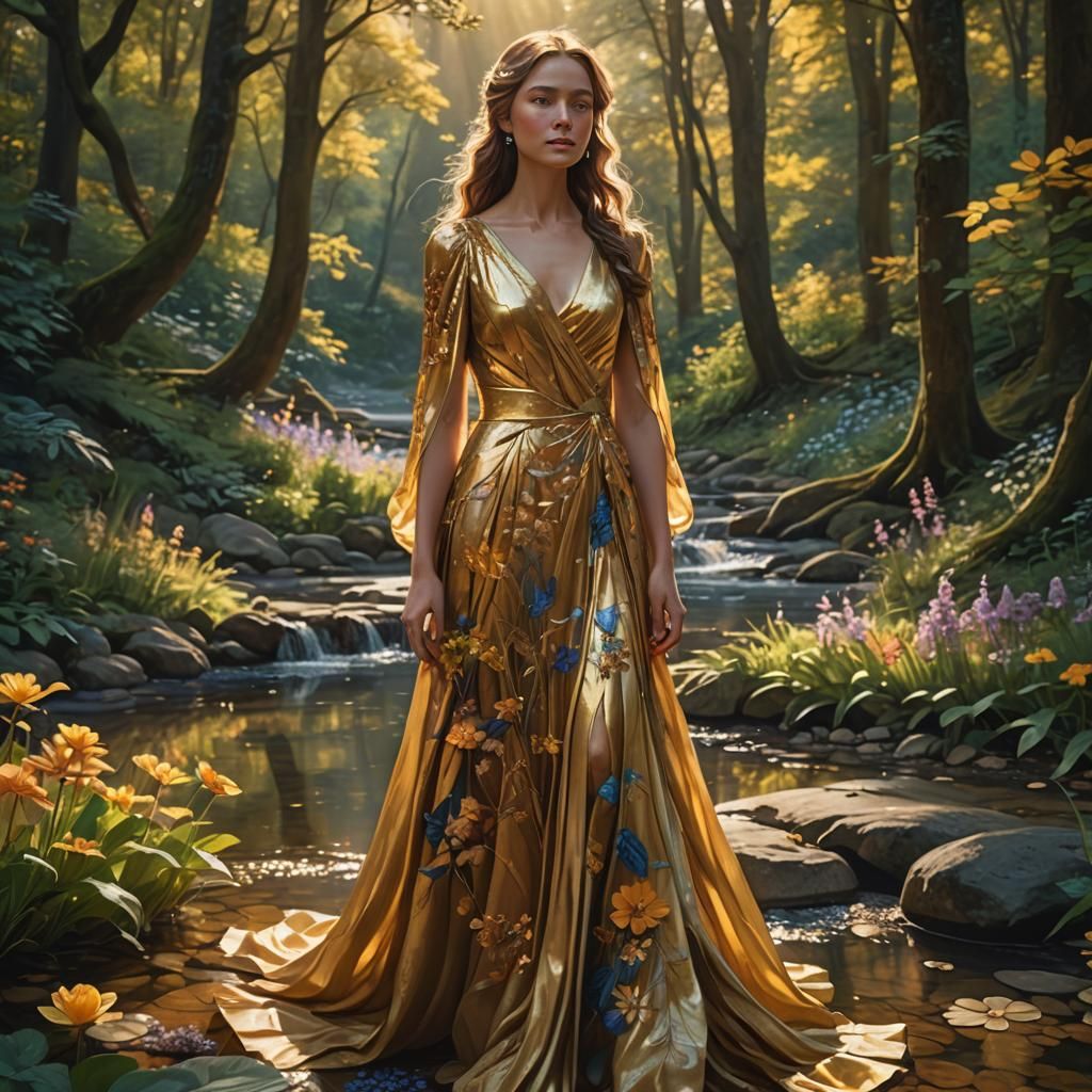Golden Hour Woman at Forest Edge: Digital Art