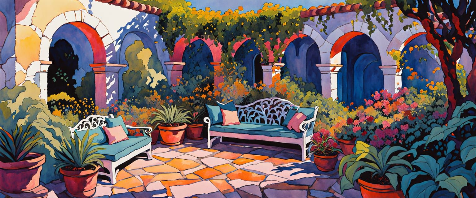 Vibrant Garden Scene with Arches and Tropical Plants