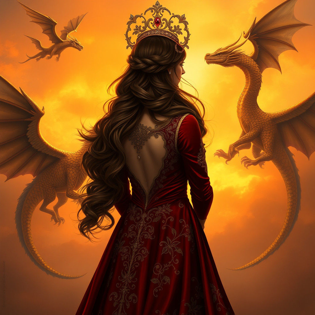 Regal Woman and Dragons in Dreamy Fantasy Art