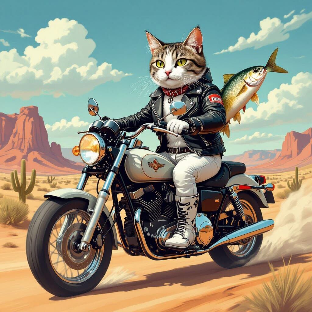 Cat Rides Motorcycle Through Desert, in Surreal Style